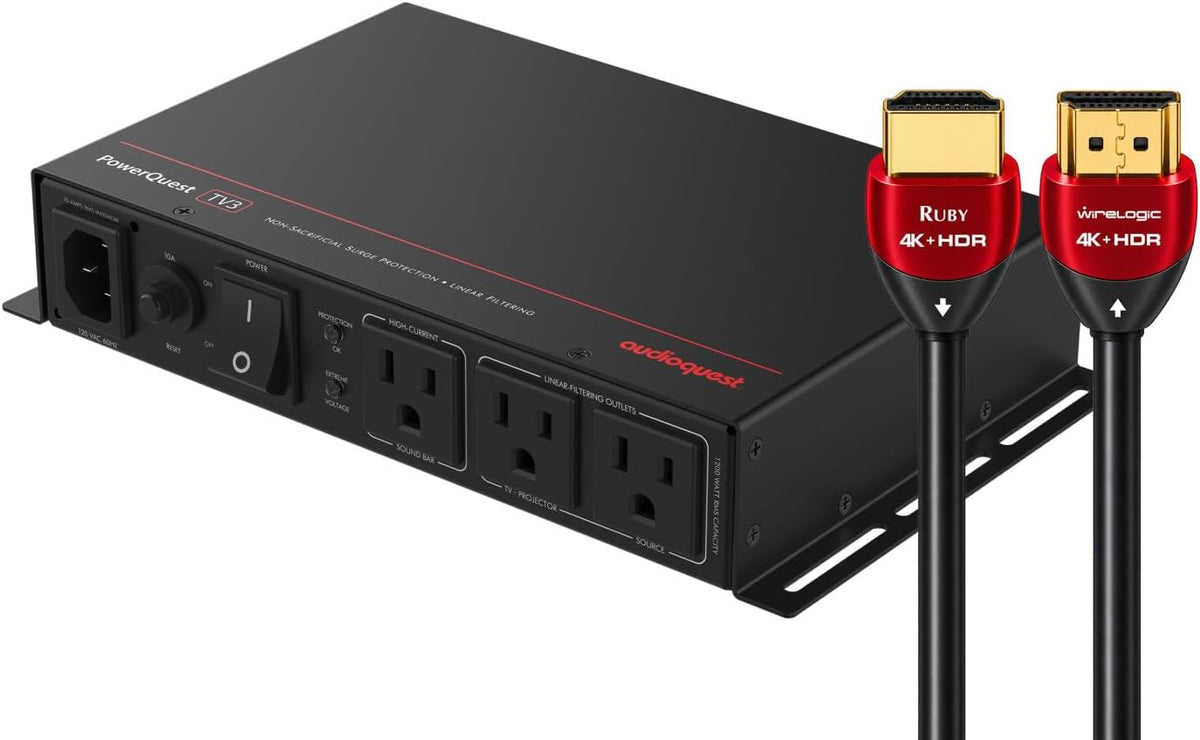 AudioQuest PowerQuest TV3 + WireLogic Ruby HDMI 8' 2-Pack Bundle 3-Outlet Non-Sacrificial Surge Protector with Two 8' HDMI Cables (Bundle)