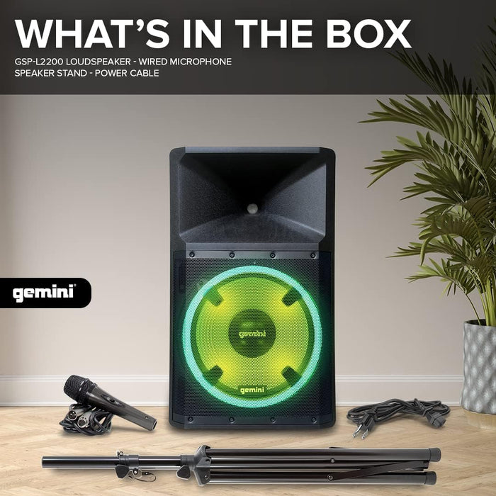 Gemini 2200W 15" Powered Bluetooth PA Speaker with Lights, Stand & Microphone