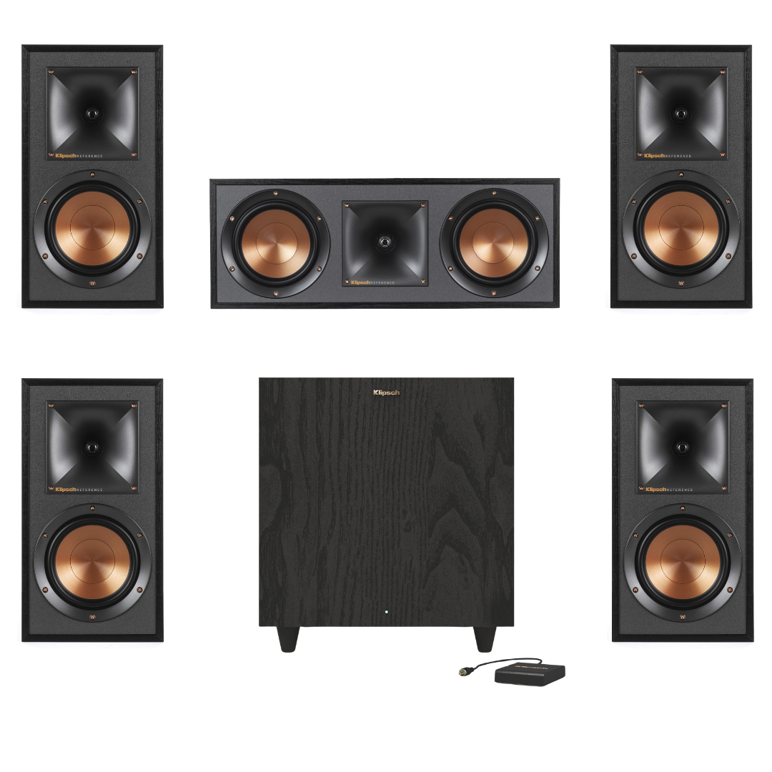 Klipsch R-51M Bookshelf Speakers (2 Pairs) with R-52C Center Channel Speaker and R-80SWi 8" 150W Wireless Subwoofer (Bundle)