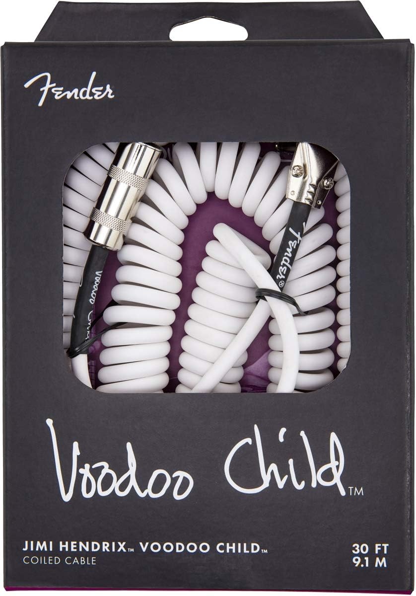 Fender Hendrix Voodoo Child Coiled Instrument Cable, with Limited, Straight/Angle (White/30ft) - electronicsexpo.com - Pro Audio Accessories