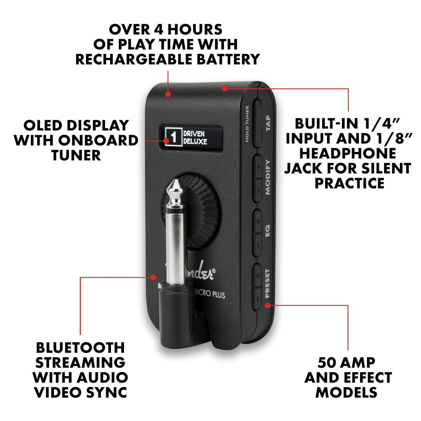 Fender Mustang Micro Plus Headphone Amplifier with Rechargeable Battery - electronicsexpo.com - Headphone Amplifiers