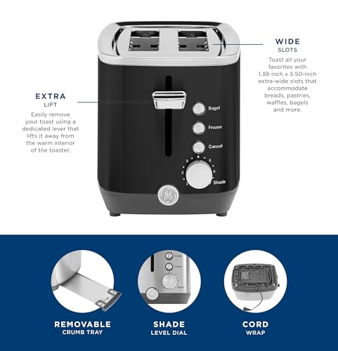 GE 2 Slice Black Stainless Steel Toaster, Extra Wide Slots for Toasting Bagels, Breads, Waffles & More, 7 Adjustable Shade Settings, Removable Crumb Tray, Countertop Kitchen Essentials, 850 Watts - electronicsexpo.com - Toasters & Toaster Ovens