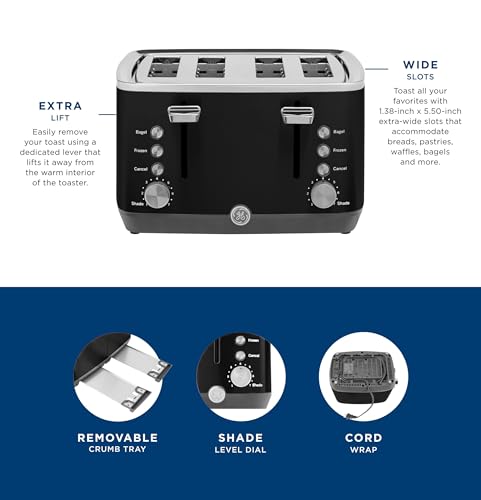 GE 4 Slice Toaster | Extra Wide Slots for Bagels, Breads, Waffles & More | 7 Shade Options | Countertop Kitchen Essentials | 1500 watt, Black - electronicsexpo.com - Toasters & Toaster Ovens
