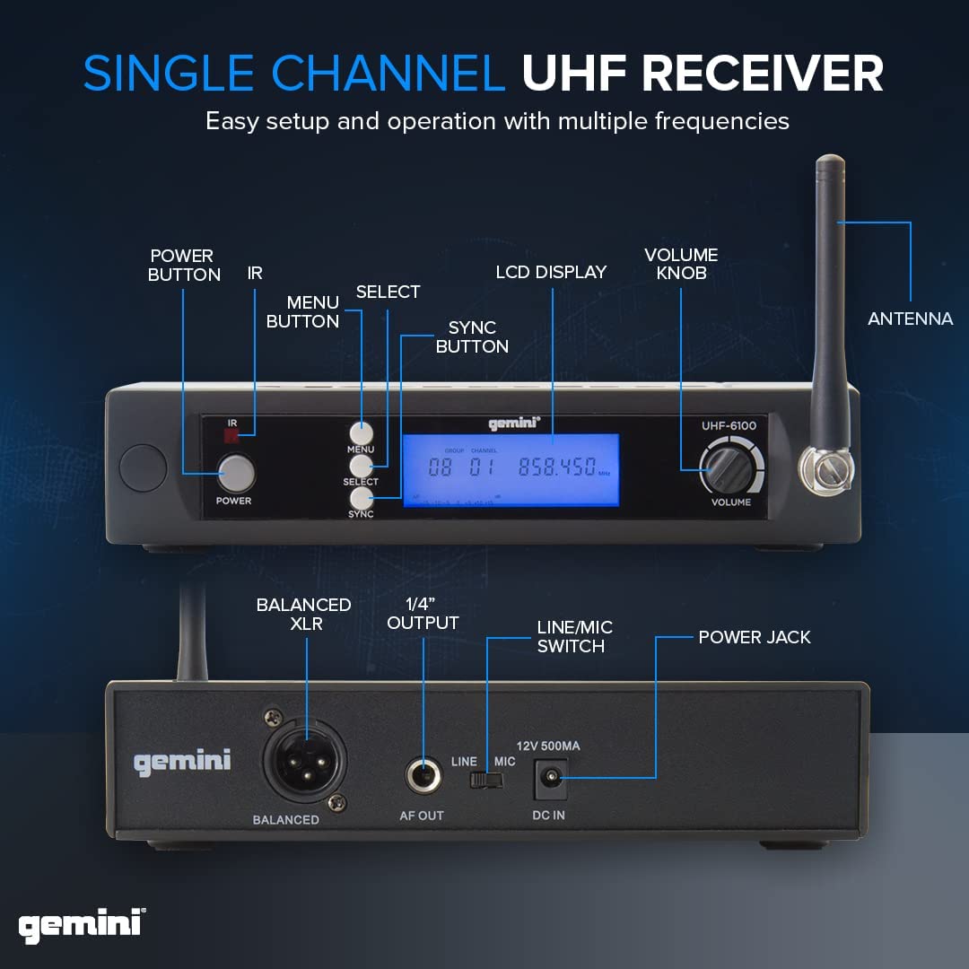 Gemini, Single Wireless Microphone System, Professional Handheld Long Range (240 Ft) Mic Set For DJ, Church, Karaoke, Gym, XLR Connector, 1 microfono (UHF - 6100M - R2) - electronicsexpo.com - Misc