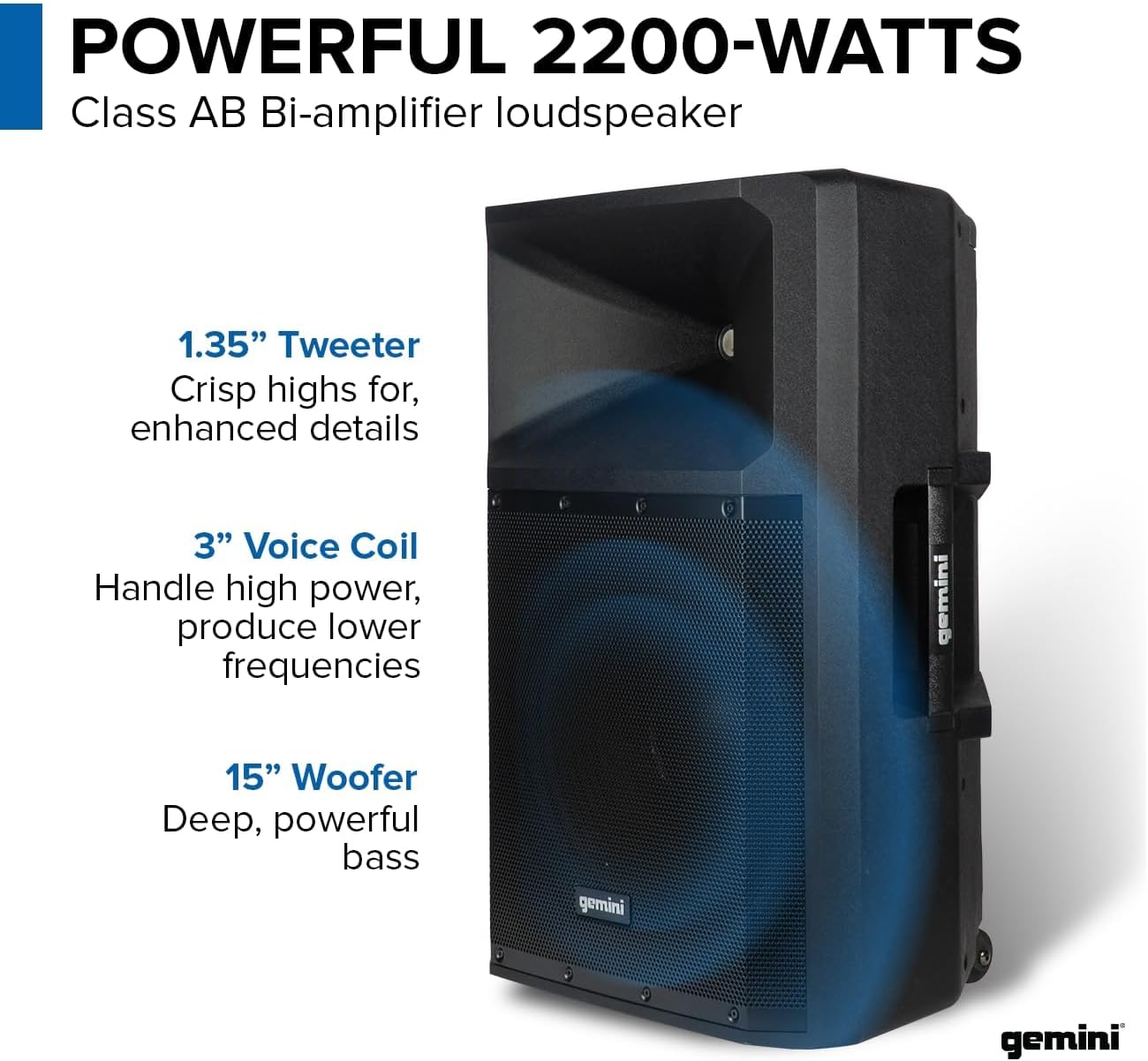 Gemini Sound GSP - 2200 Elite 2200W 15" Active DJ PA Speaker with Bluetooth Stereo and Integrated 3 - Channel Mixer - electronicsexpo.com - Powered + PA Speakers