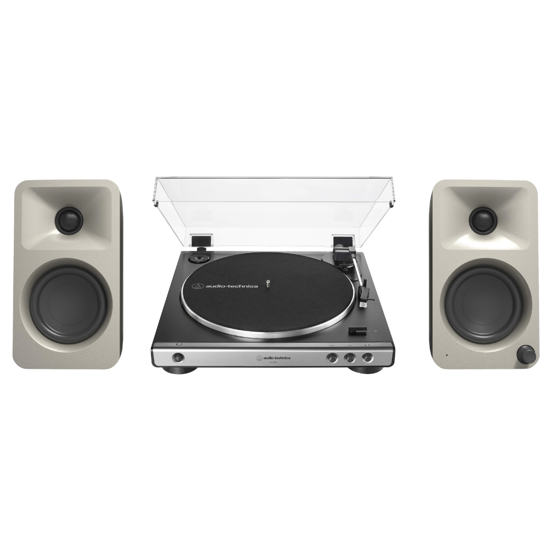 Kanto ORAME 100W Powered Reference Desktop Computer Speakers (Moon) with Audio Technica 60X - GM Fully Automatic Belt - Drive Stereo Turntable (Bundle) - electronicsexpo.com - Home Theater Systems & Packages