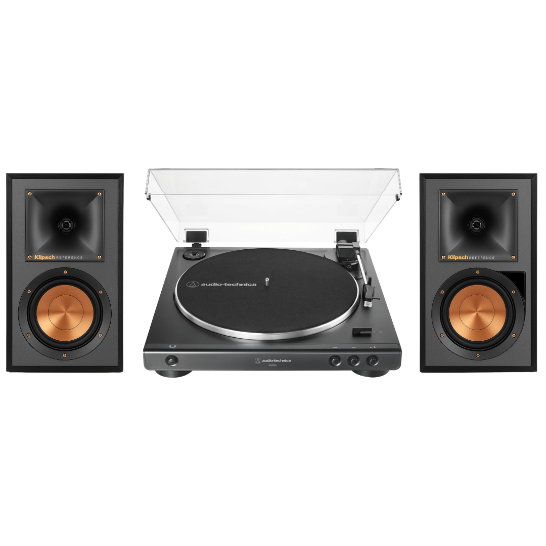 Klipsch R - 51PM Powered Bluetooth Speakers (Black) with Audio Technica 60X - BK Fully Automatic Belt - Drive Stereo Turntable (Bundle) - electronicsexpo.com - Home Theater Systems & Packages