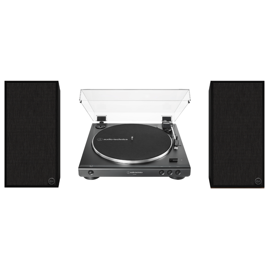 Klipsch The Sevens Heritage Inspired Powered Speakers (Black) with Audio Technica 60X - BK Fully Automatic Belt - Drive Stereo Turntable - Bundle - electronicsexpo.com - Home Theater Systems & Packages