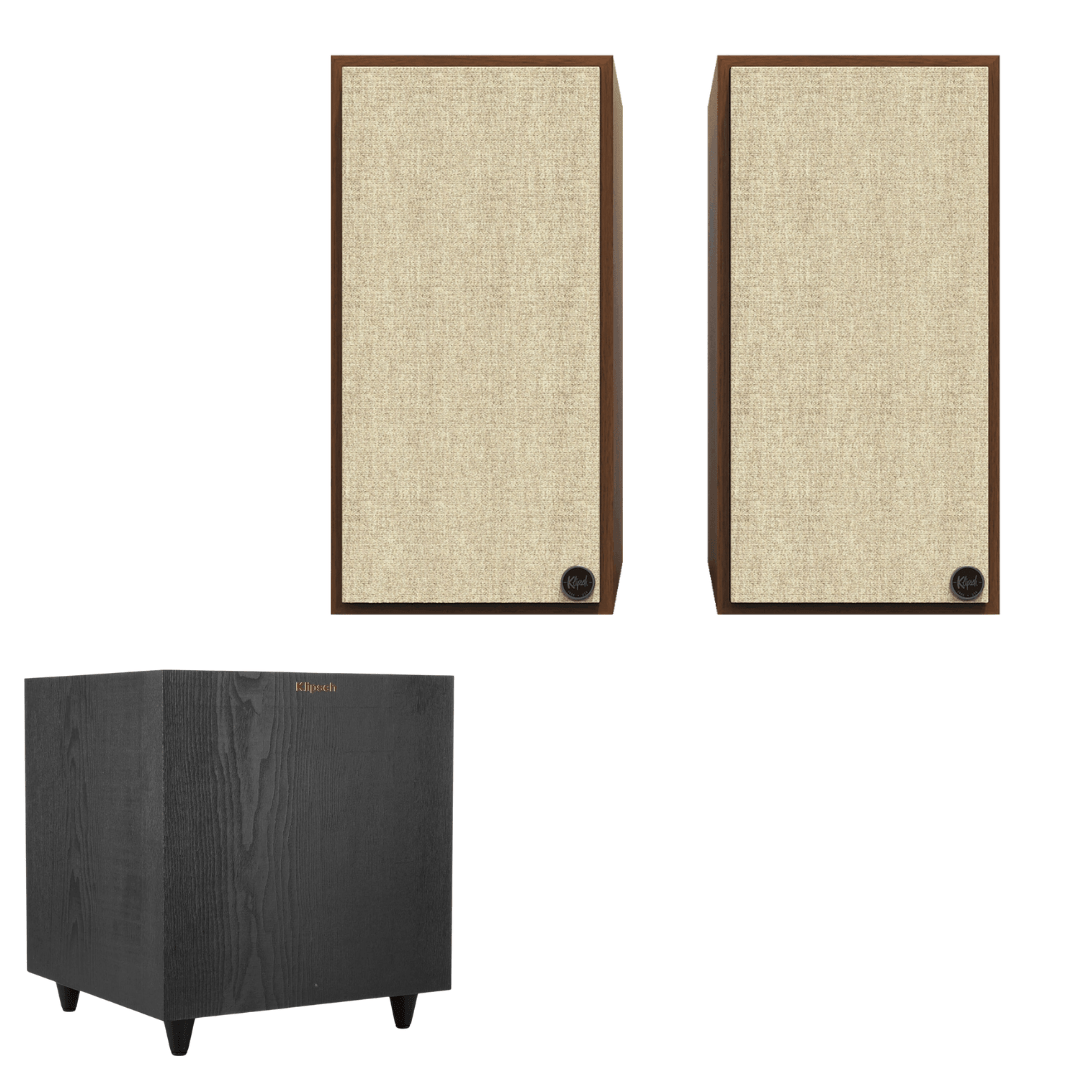 Klipsch The Sevens Heritage Inspired Powered Speakers (Walnut) and R - 80SWi 8" Wireless Subwoofer (Black) - Powerful 2.1 Audio System (Bundle) - electronicsexpo.com - Powered Speakers