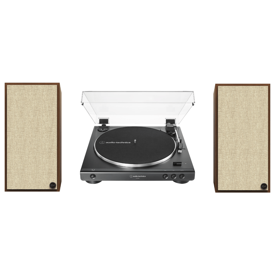 Klipsch The Sevens Heritage Inspired Powered Speakers (Walnut) with Audio Technica 60X - BK Fully Automatic Belt - Drive Stereo Turntable (Bundle) - electronicsexpo.com - Home Theater Systems & Packages