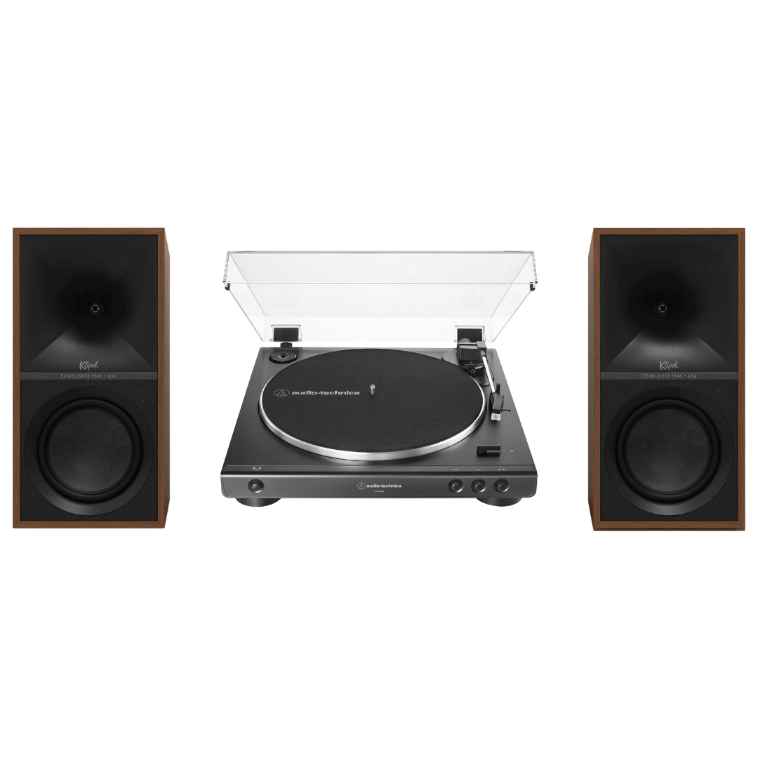 Klipsch The Sevens Heritage Inspired Powered Speakers (Walnut) with Audio Technica 60X - BK Fully Automatic Belt - Drive Stereo Turntable (Bundle) - electronicsexpo.com - Home Theater Systems & Packages