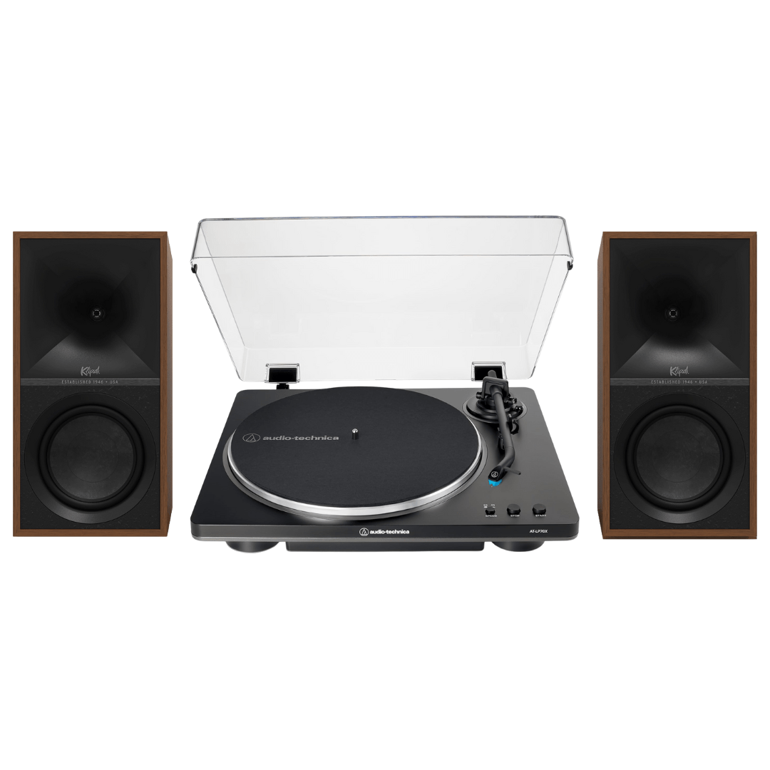 Klipsch The Sevens Heritage Inspired Powered Speakers (Walnut) with Audio Technica LP70X Fully Automatic Belt - Drive Stereo Turntable (Bundle) - electronicsexpo.com - Home Theater Systems & Packages