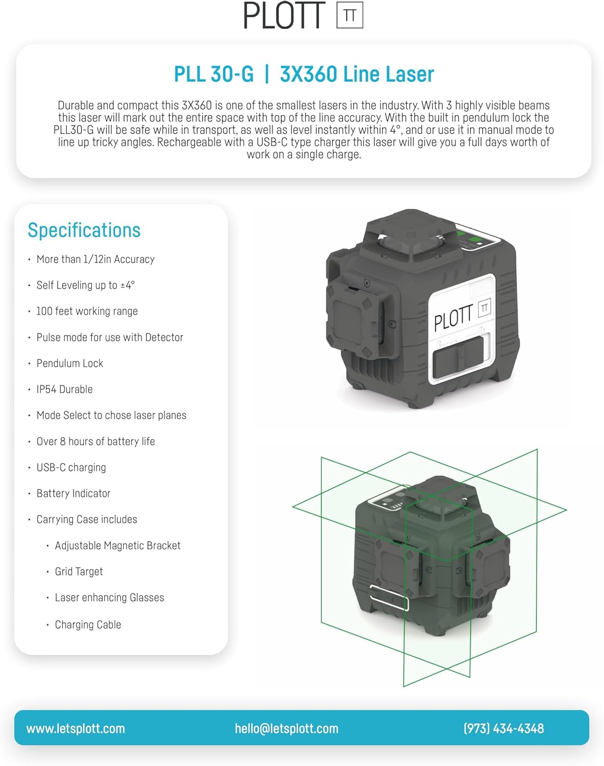 Plott PLL 30-G 3x360 Green Laser Level – ±1/9" Accuracy, 100ft Range & USB-C Power - electronicsexpo.com-Mapping & Measuring Wheels