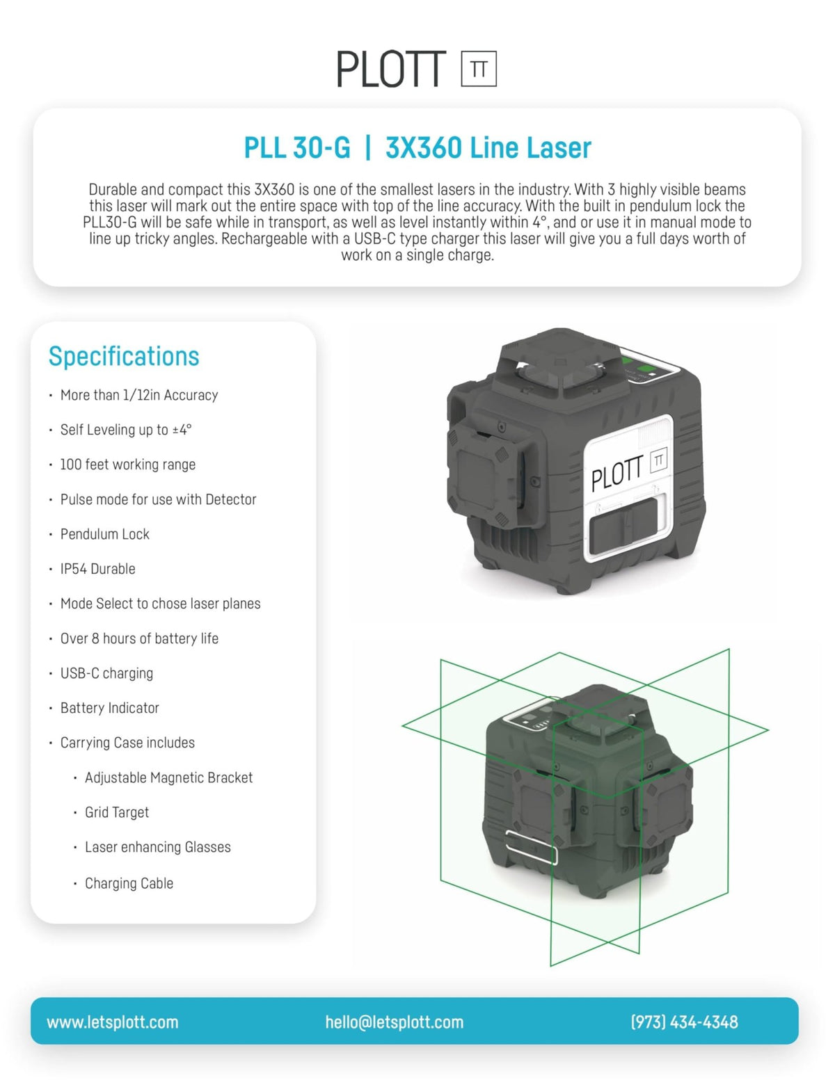 Plott PLL 30-G 3x360 Green Laser Level – ±1/9" Accuracy, 100ft Range & USB-C Power - electronicsexpo.com-Mapping & Measuring Wheels