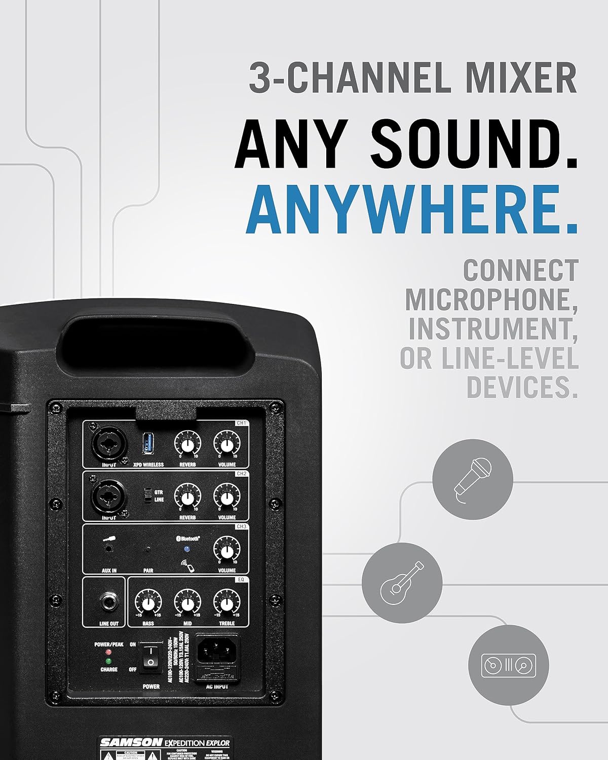 Samson Expedition Explor with Wireless Handheld System 3 - Way Portable Bluetooth Speaker & XPD2 Handheld USB Digital Wireless Mic + 3 - Channel Mixer - electronicsexpo.com - Microphones