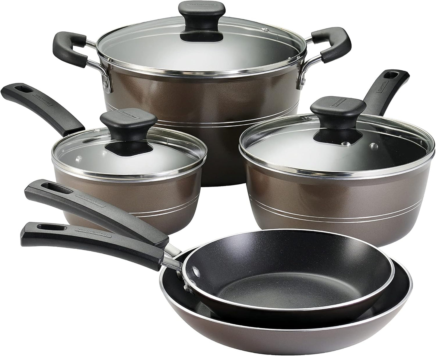 Tramontina Sicilia 8 - Piece Non Stick Cookware Set with Glass Lids, Aluminum Nonstick Pots and Pans Kitchen Set (Hazelnut) - electronicsexpo.com - Cookware Sets