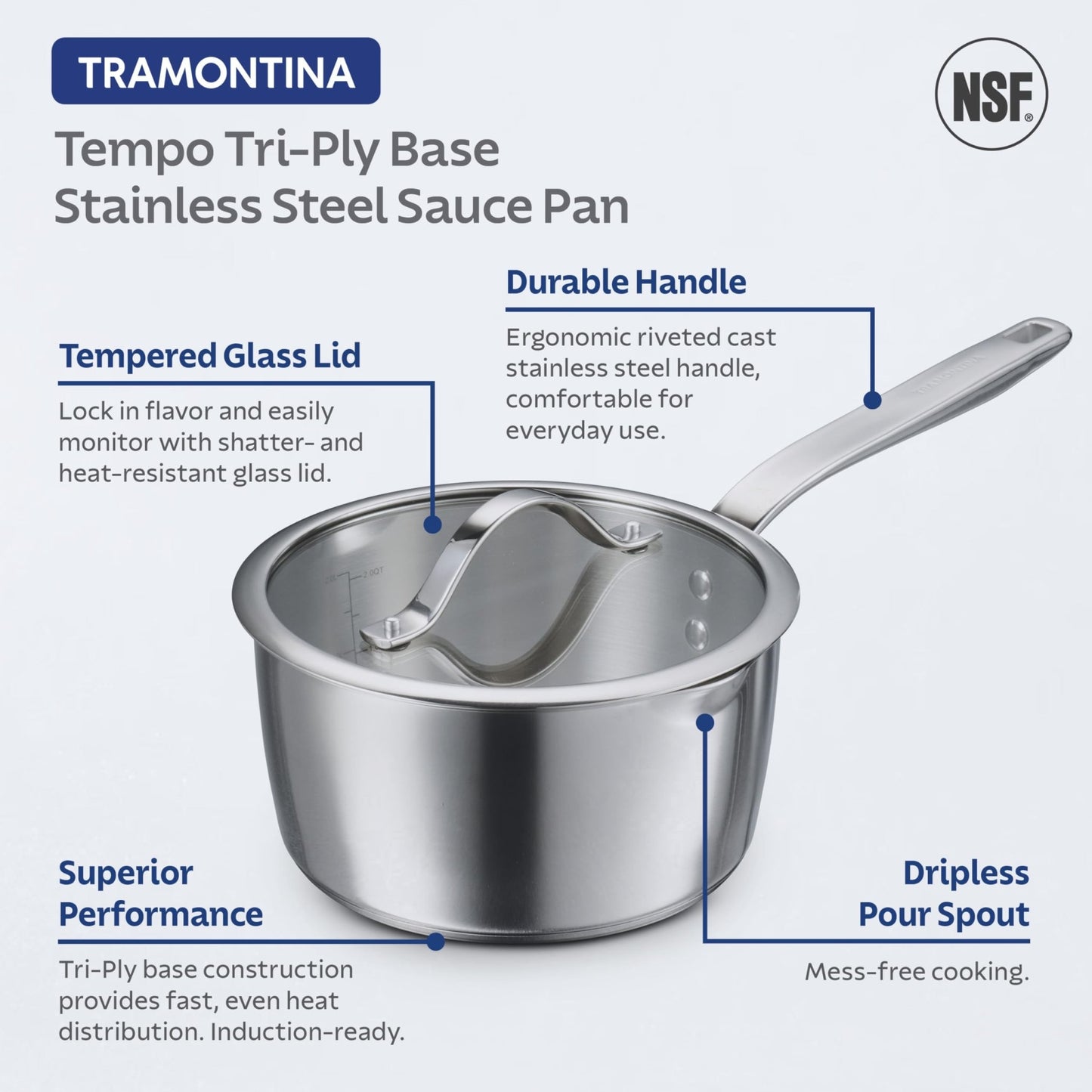 Tramontina Tempo Tri - Ply Base Stainless Steel 3 - Quart Sauce Pan with Glass Lid, Induction - Ready Saucepan, Oven - Safe, Dishwasher - Safe - electronicsexpo.com - Sauce Pans & Sauciers