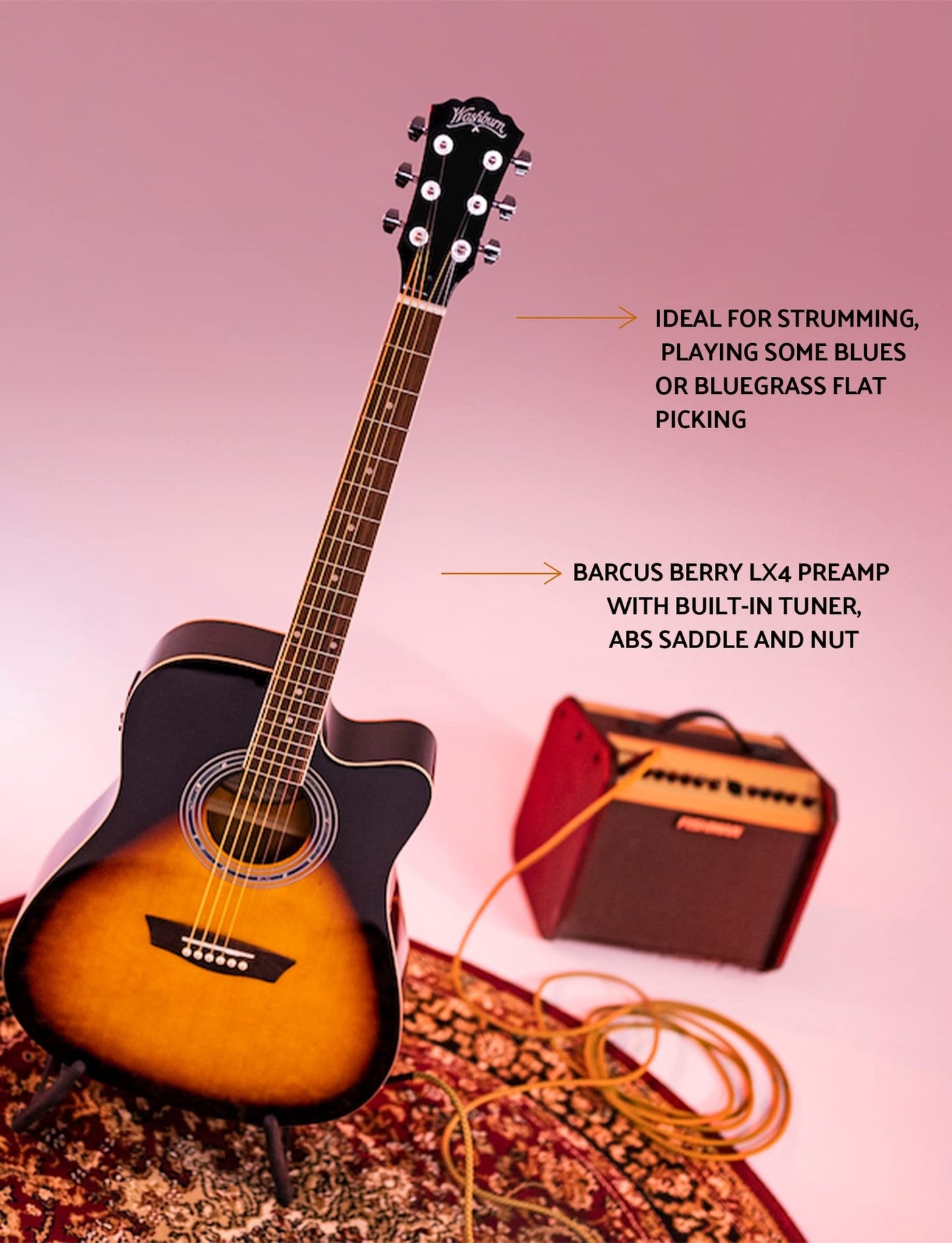 Washburn Vintage Series 6 String Acoustic - Electric Guitar (Right/Tobacco Sunburst) - electronicsexpo.com - Acoustic Guitars