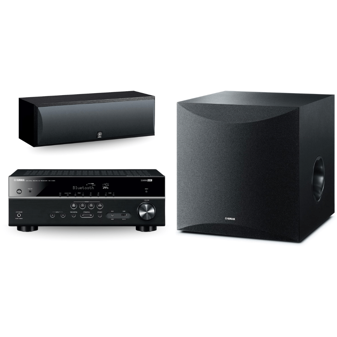 Yamaha RX - V385 5.1 - Channel 4K Ultra HD AV Receiver with NS - SW100BL 10" 100W Powered Subwoofer and NS - C210BL Center Channel Speaker (Bundle) - electronicsexpo.com - Home Theater Systems & Packages