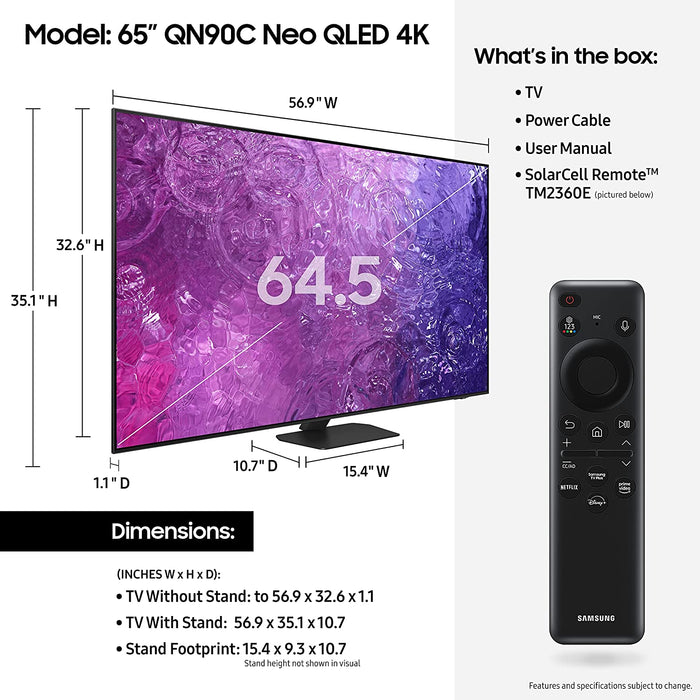 Samsung QN65QN90C 65" Smart Neo QLED 4K UHD TV with HDR (2023 Model)