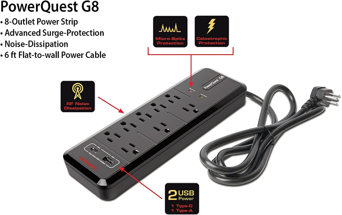 AudioQuest PowerQuest G8 – 8 - Outlet Surge Protector with USB - A and USB - C Charging Ports - electronicsexpo.com - Power Protection