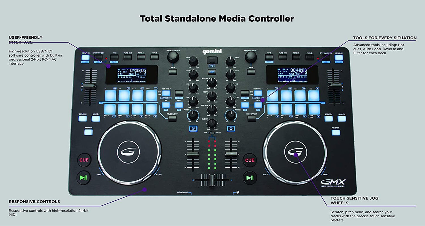 Gemini Sound GMX Stand Alone Professional Audio DJ Multi - Format USB, MP3, WAV and DJ Software Compatible Media Controller System - electronicsexpo.com - Controllers