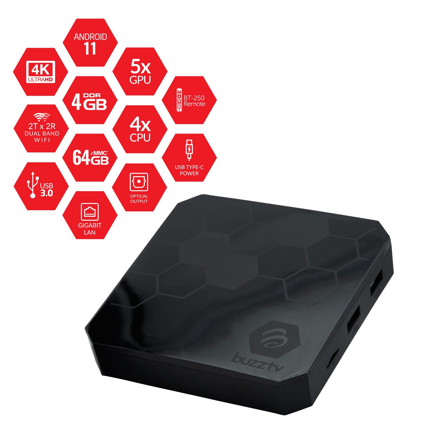 BuzzTV The Classic Android 11 TV Box, Amlogic S905X4 Quad-Core 64-bit Cortex-A55 Processor, 4GB DDR4 RAM, 64GB eMMC Storage, 4K UHD Streaming