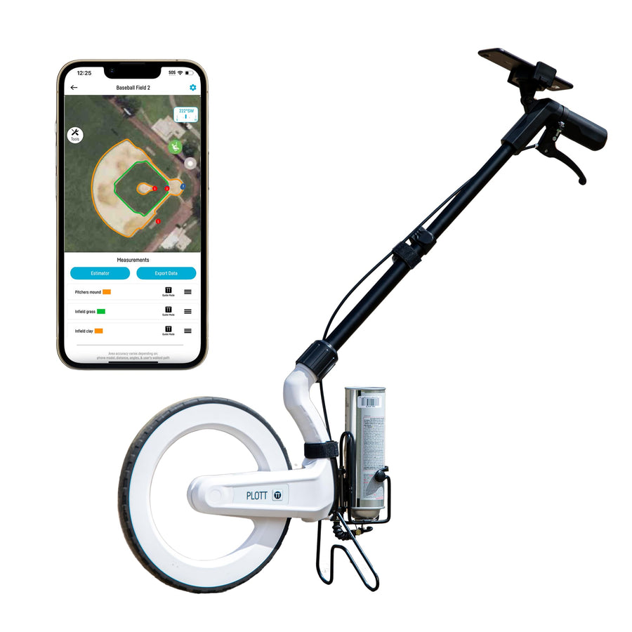 Plott Carta: Digital Mapping Wheel; Electronic Distance Measuring and Estimating; Feet, Inches, Yards, Meters, with Spray Paint Attachment