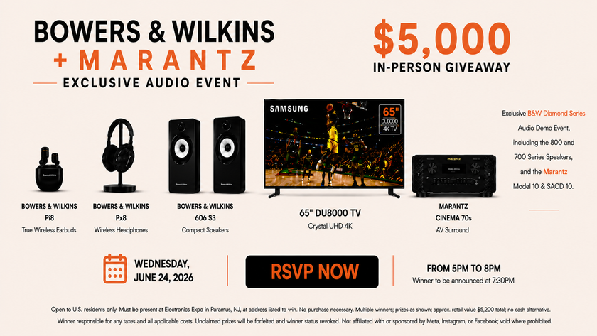 Advertisement for Bowers & Wilkins and Marantz audio event with prizes and details.