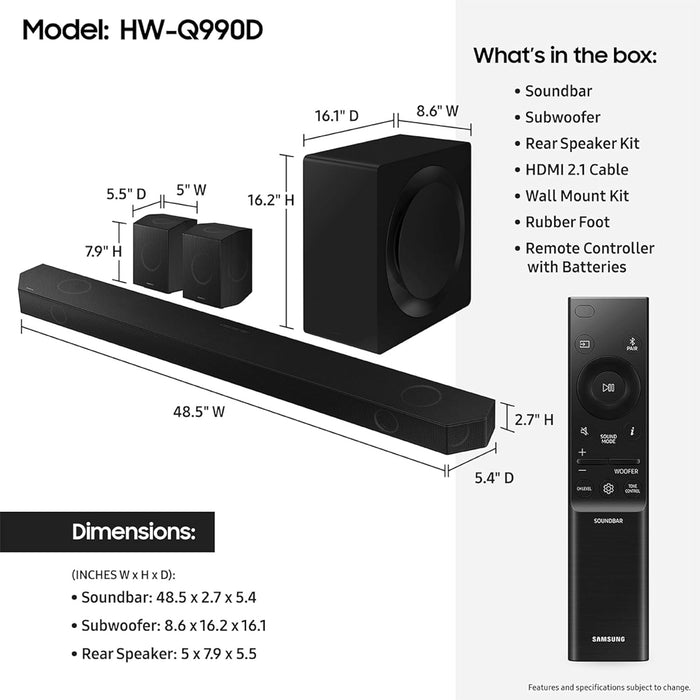 Samsung HW-Q990D Powered 11.1.4-Channel Sound Bar System with Wi-Fi, Apple AirPlay 2, Dolby Atmos, and DTS:X