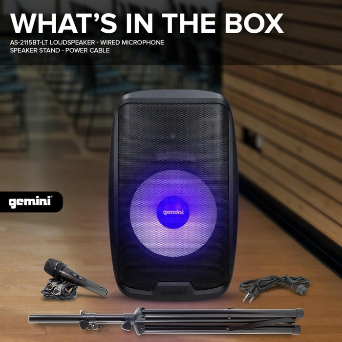 Gemini Sound AS-2115BT-LT-PK 2000 Watt LED LIT 15" Subwoofer Professional Active Bluetooth DJ PA Speaker, Stand, Mic and Remote Set