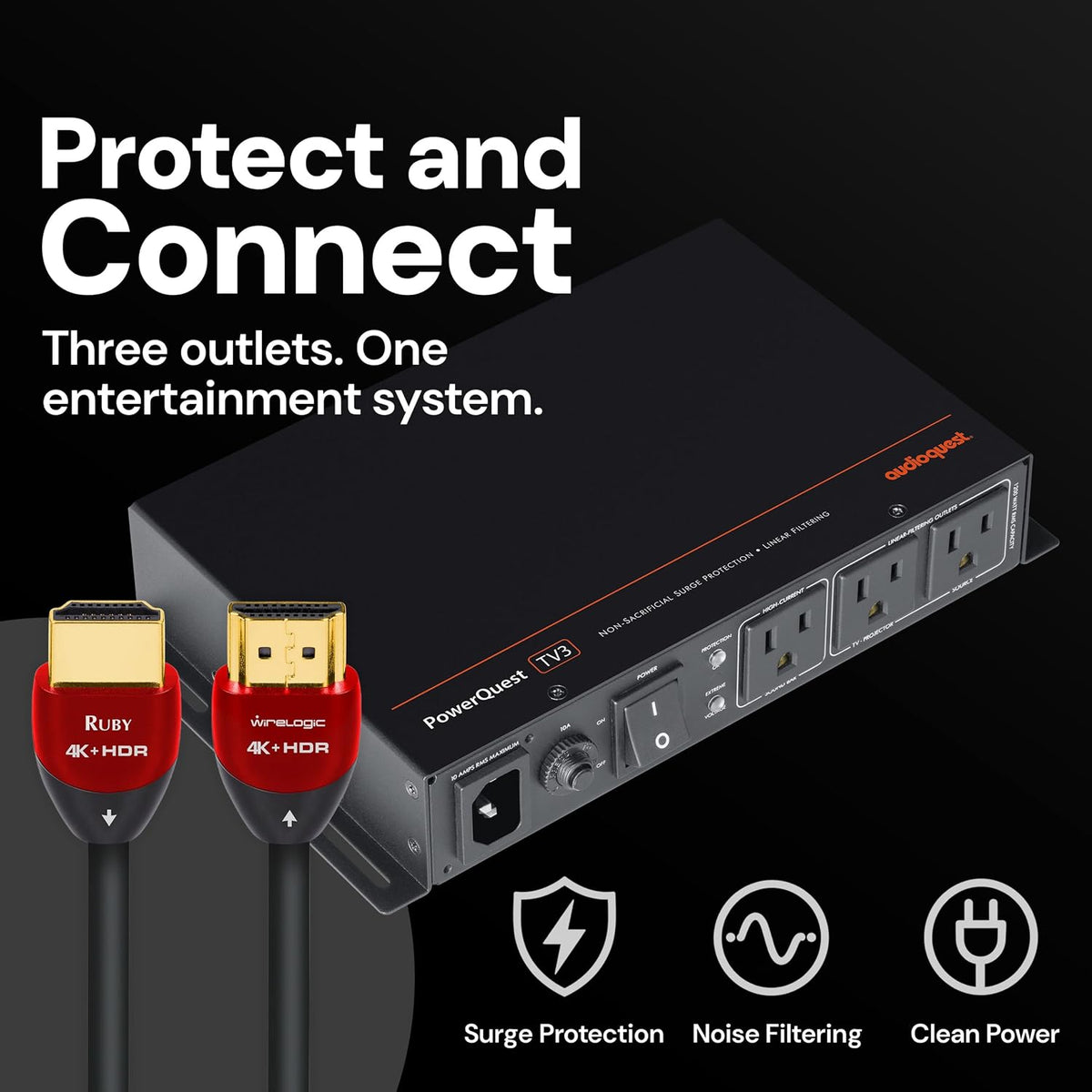 AudioQuest PowerQuest TV3 + WireLogic Ruby HDMI 8' 2-Pack Bundle 3-Outlet Non-Sacrificial Surge Protector with Two 8' HDMI Cables (Bundle)