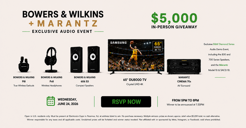 Advertisement for Bowers & Wilkins and Marantz audio event with prizes and RSVP information.