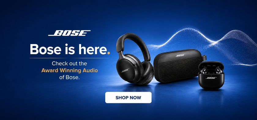 Bose over-ear headphones, a black carrying case, and a wireless earbud charging case displayed on a dark blue background with promotional text and a white 'SHOP NOW' button.