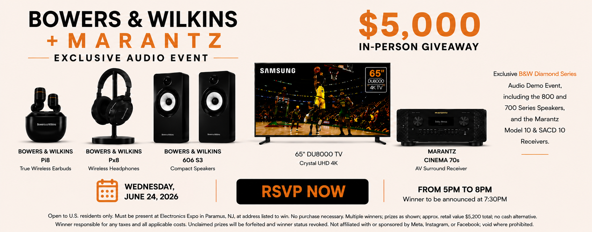 Promotional banner for Bowers & Wilkins and Marantz audio event with prizes and RSVP information.