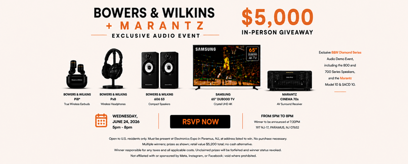 Advertisement for Bowers & Wilkins and Marantz audio event with prizes and RSVP information.