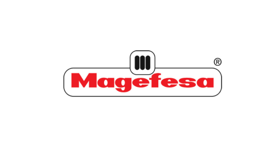 The Magefesa brand logo is centered on a plain white background. The logo features the brand name 'Magefesa' in bold red text inside a white rounded rectangle with a thin black outline, topped with a small black grill icon and a small registered trademark symbol.