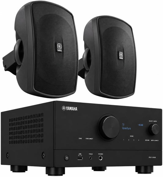 Yamaha RX-V4A 5.2-Channel AV Receiver with MusicCast with Yamaha NS-AW390BL Outdoor Speakers (Bundle)