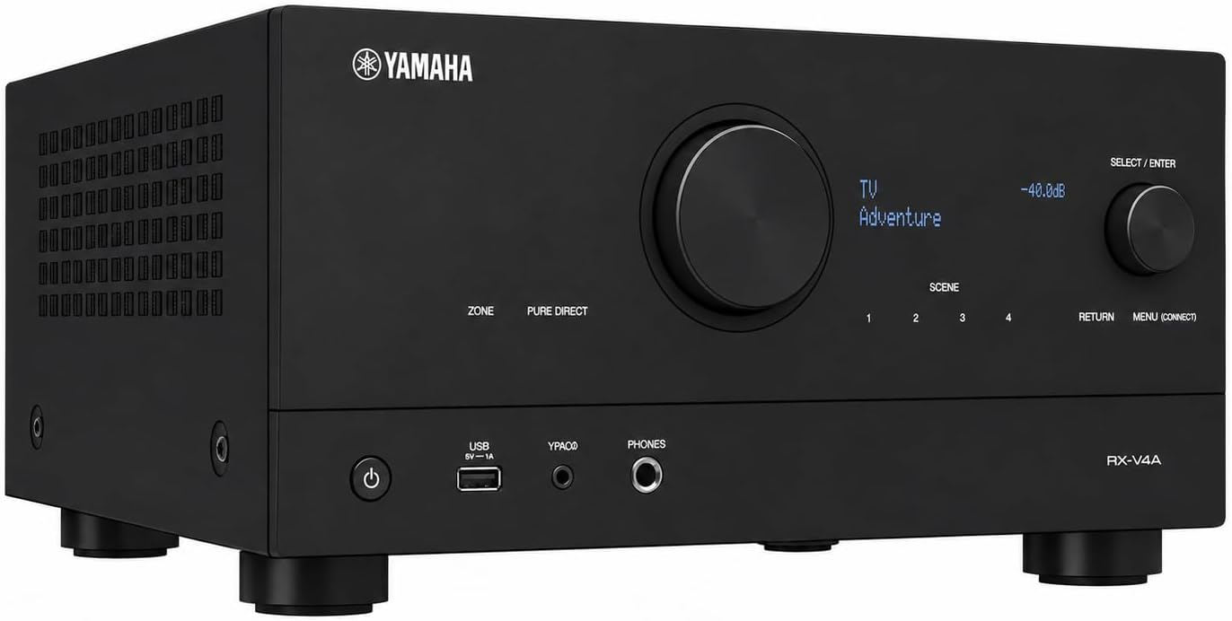 Yamaha RX-V4A 5.2-Channel AV Receiver with MusicCast with Yamaha NS-AW390BL Outdoor Speakers (Bundle)