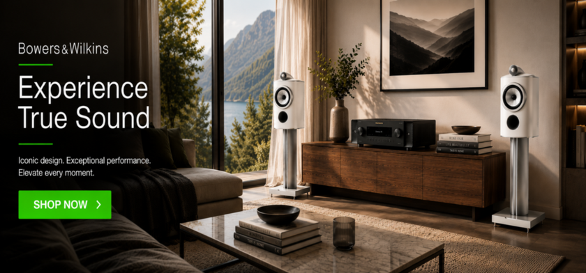Bowers & Wilkins speakers displayed in a modern living room setting, with a large window showing a mountain lake view. The scene includes a wooden media console, a coffee table, and wall art, with promotional text on the left side.
