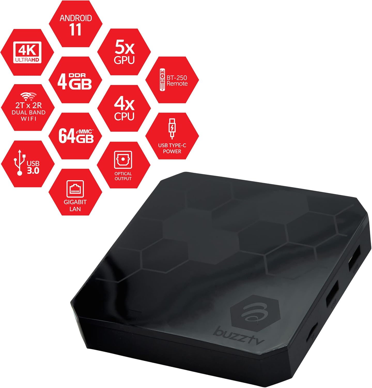 BuzzTV The Classic Android 11 TV Box, Amlogic S905X4 Quad - Core 64 - bit Cortex - A55 Processor, 4GB DDR4 RAM, 64GB eMMC Storage, 4K UHD Streaming - electronicsexpo.com - Misc
