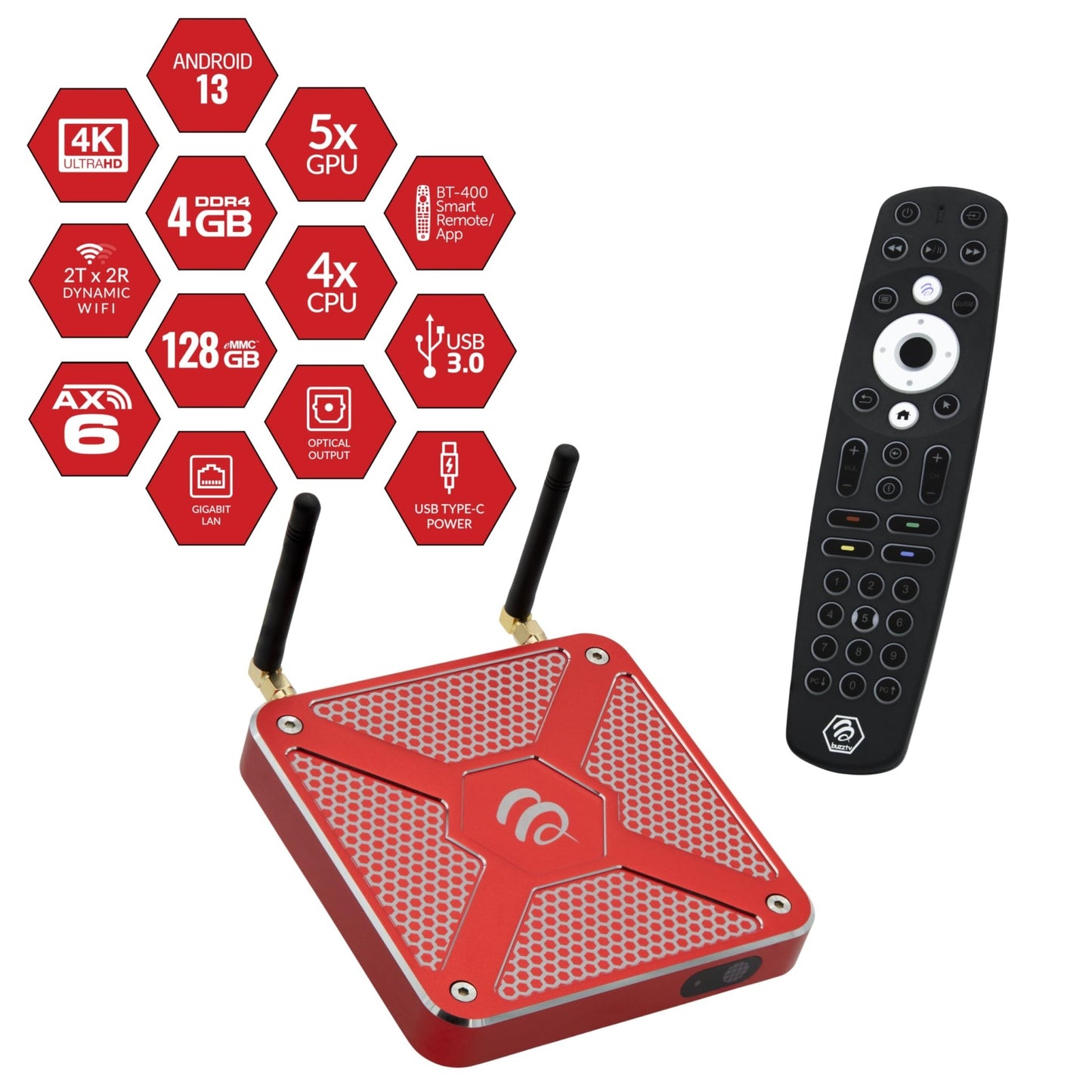 BuzzTV X5 SS Android 13 TV Box, 4GB DDR4 RAM, 128GB Storage, Voice - Controlled Remote, Wireless AX, USB - C, Global Power Adapters - electronicsexpo.com - Streaming Players