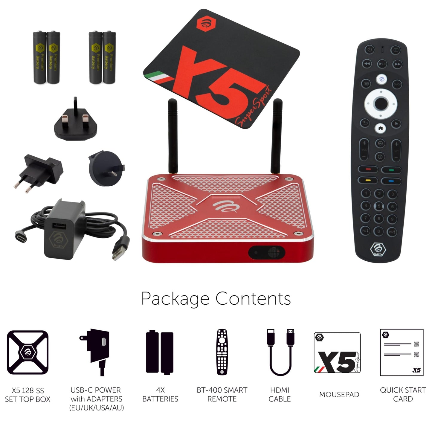 BuzzTV X5 SS Android 13 TV Box, 4GB DDR4 RAM, 128GB Storage, Voice - Controlled Remote, Wireless AX, USB - C, Global Power Adapters - electronicsexpo.com - Streaming Players