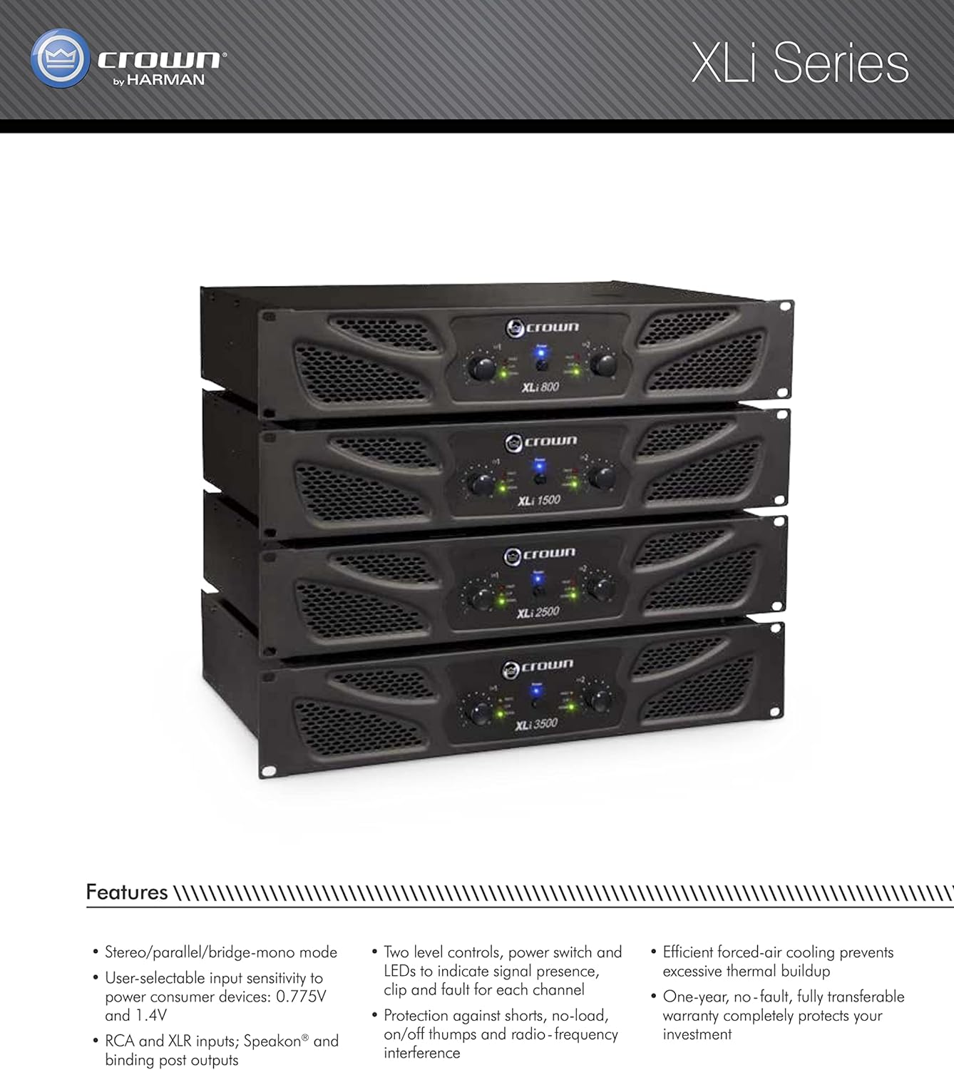 Crown XLi800 Two - Channel 300 - Watt Power Amplifier - electronicsexpo.com - Amplifiers / Pre - Amps