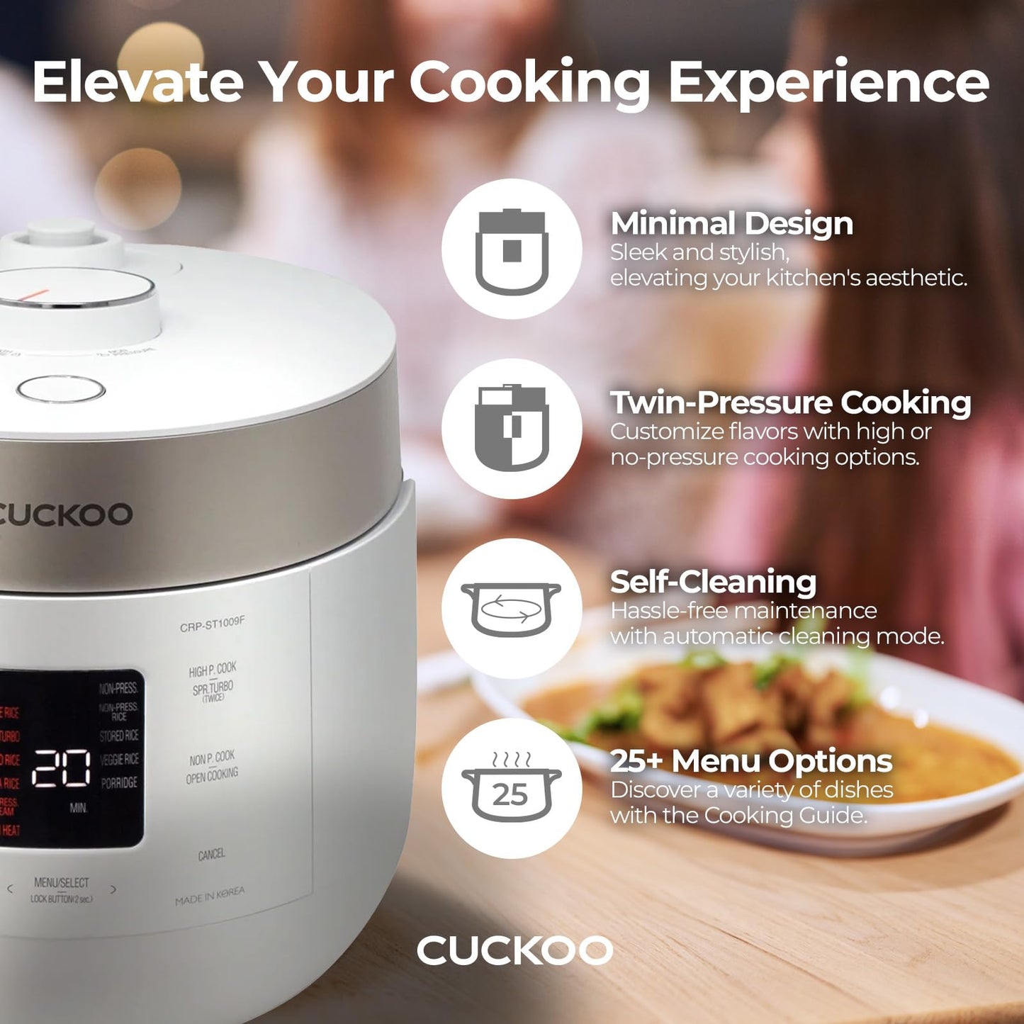 Cuckoo CRP - ST1009FW 10 - Cup Twin Pressure Rice Cooker & Warmer with Nonstick Inner Pot, 16 Menu Options, 3 Voice Guide, Auto Clean (White) - electronicsexpo.com - Rice Cookers