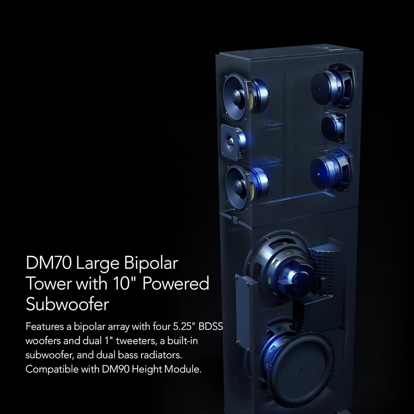 Definitive Technology Dymension DM70 Large Tower Speaker, with Adjustable Bipolar Arrays, 4 BDSS Mid/Bass Woofers & Tweeter, 3XR Architecture with 10" Subwoofer, Dolby Atmos/DTS:X Ready (Bundle) - electronicsexpo.com - Floor Standing Speakers