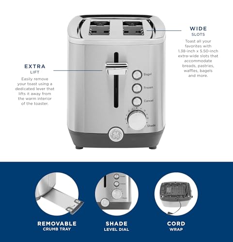 GE 2 Slice Stainless Steel Toaster, Extra Wide Slots for Toasting Bagels, Breads, Waffles & More, 7 Adjustable Shade Settings, Removable Crumb Tray, Countertop Kitchen Essentials, 850 Watts - electronicsexpo.com - Toasters & Toaster Ovens