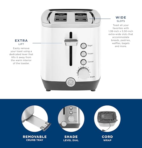 GE 2 Slice Toaster, Extra Wide Slots for Toasting Bagels, Breads, Waffles & More, 7 Adjustable Shade Settings, Removable Crumb Tray, Countertop Kitchen Essentials, 850 Watts (White) - electronicsexpo.com - Toasters & Toaster Ovens