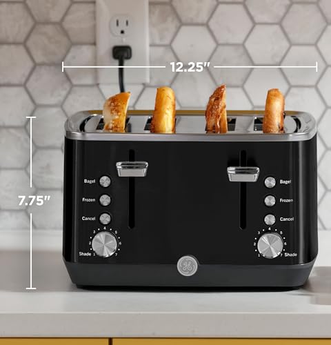 GE 4 Slice Toaster | Extra Wide Slots for Bagels, Breads, Waffles & More | 7 Shade Options | Countertop Kitchen Essentials | 1500 watt, Black - electronicsexpo.com - Toasters & Toaster Ovens