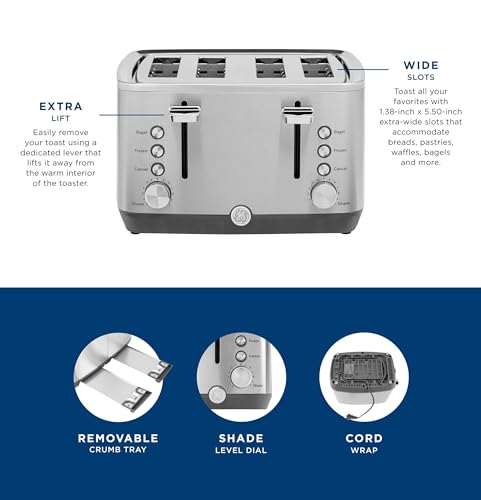 GE Stainless Steel 4 Slice Toaster | Extra Wide Slots for Bagels, Breads, Waffles & More | 7 Shade Options | Countertop Kitchen Essentials | 1500 watt - electronicsexpo.com - Cookware